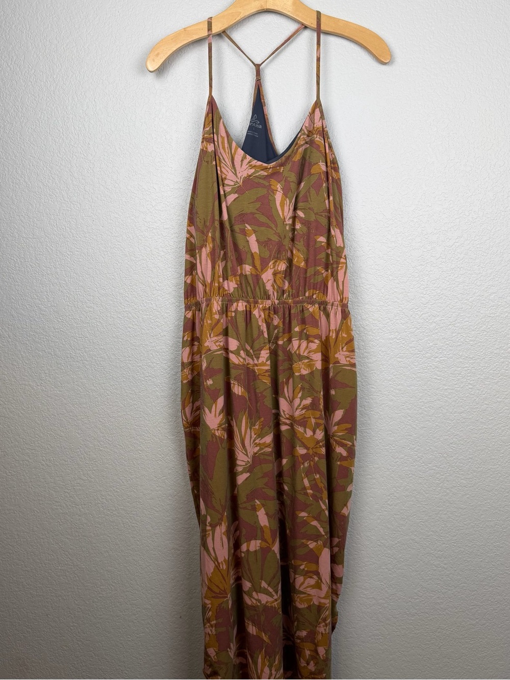 PrAna Floral Leaf Print Spaghetti Strap Dress Pink Green Boho Size Large